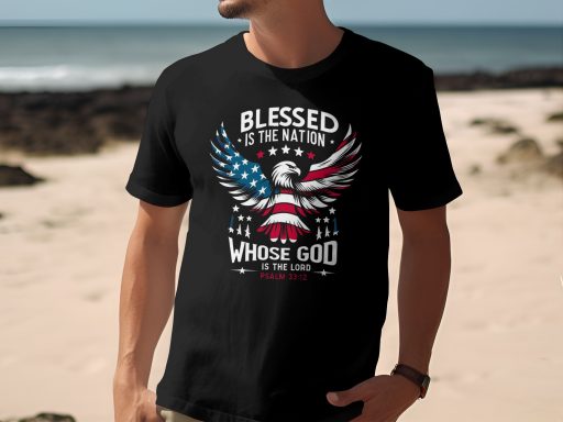 Black t-shirt featuring an eagle and American flag design with the text "Blessed is the Nation."