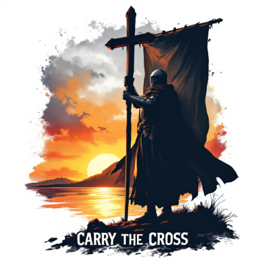 A silhouetted knight holding a cross, standing by the water at sunset.